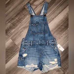 American Eagle AE Distressed Denim Overall Shorts Shortalls Raw Hem Bib NWT
